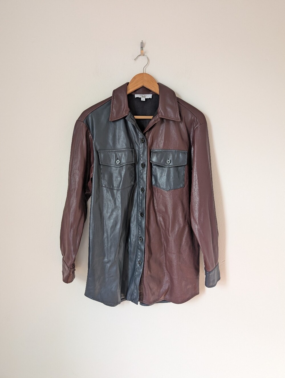 Peter Som Maroon Navy Faux Leather Button Down Two Tone Shirt Jacket Shacket